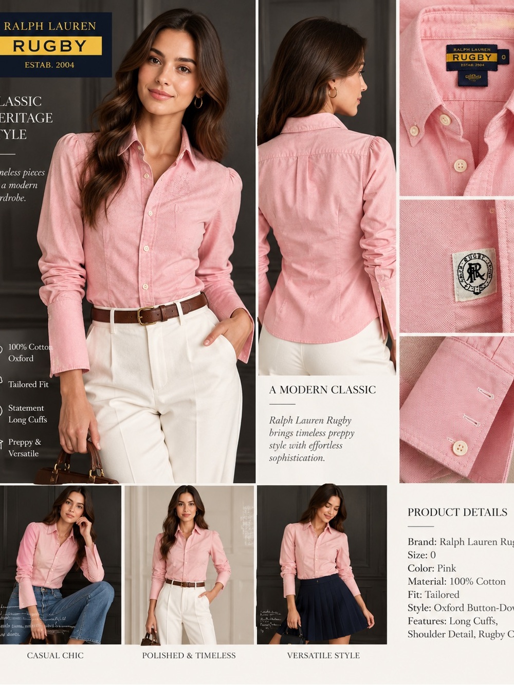 Ralph Lauren Rugby Pink Oxford Cotton Shirt Long Cuffs Size 0